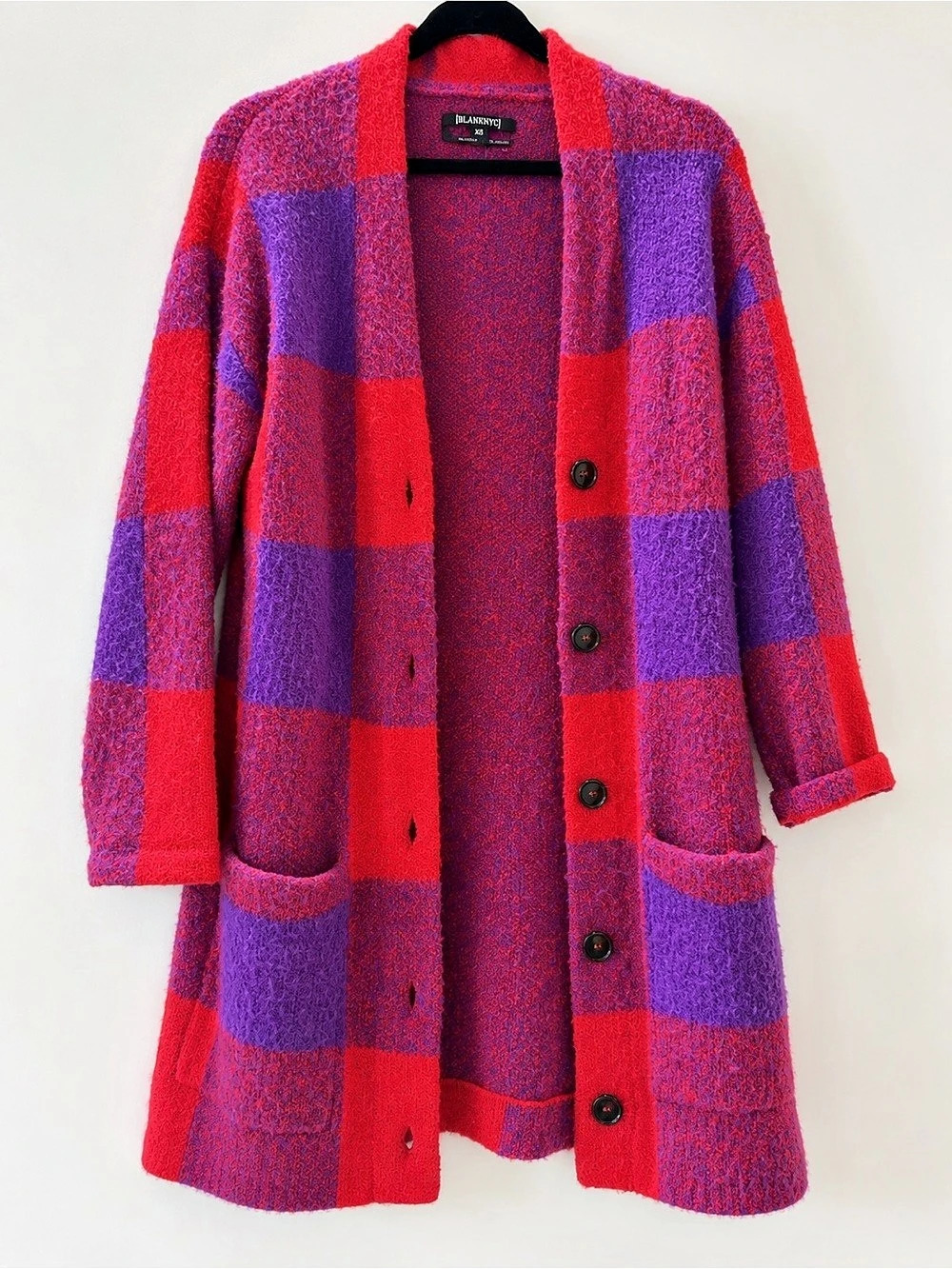 BLANKNYC Red Purple Plaid Long Cardigan Sweater XS